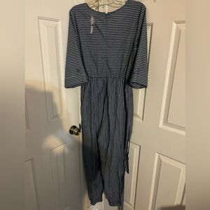 Blue and white stripes jumpsuit with belt